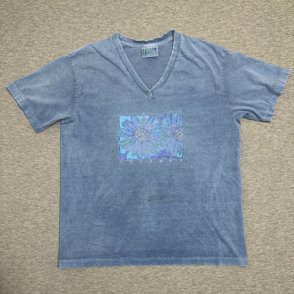 Fresh Produce Blue V-Neck Sunflower Graphic T-Shirt USA Made Mens Size M